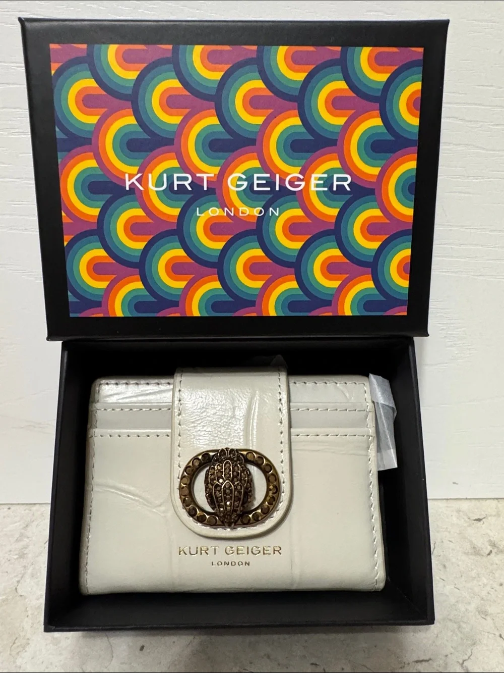 Kurt Geiger Leather Compact Chelsea Wallet with Gold Hardware -bone NWT and box
